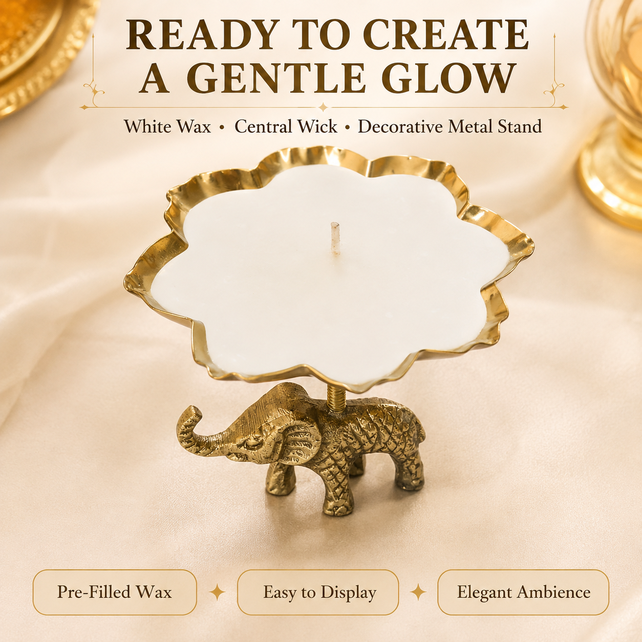 Handcrafted Elephant Candle Stand with Wax – Antique Brass Finish Aluminium Décor | The Indian Aura