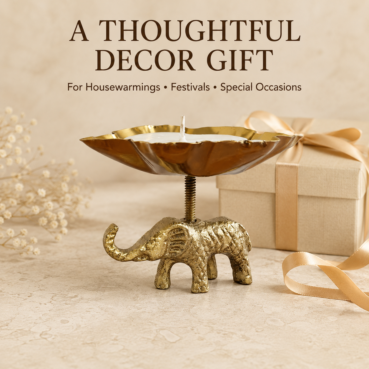 Handcrafted Elephant Candle Stand with Wax – Antique Brass Finish Aluminium Décor | The Indian Aura