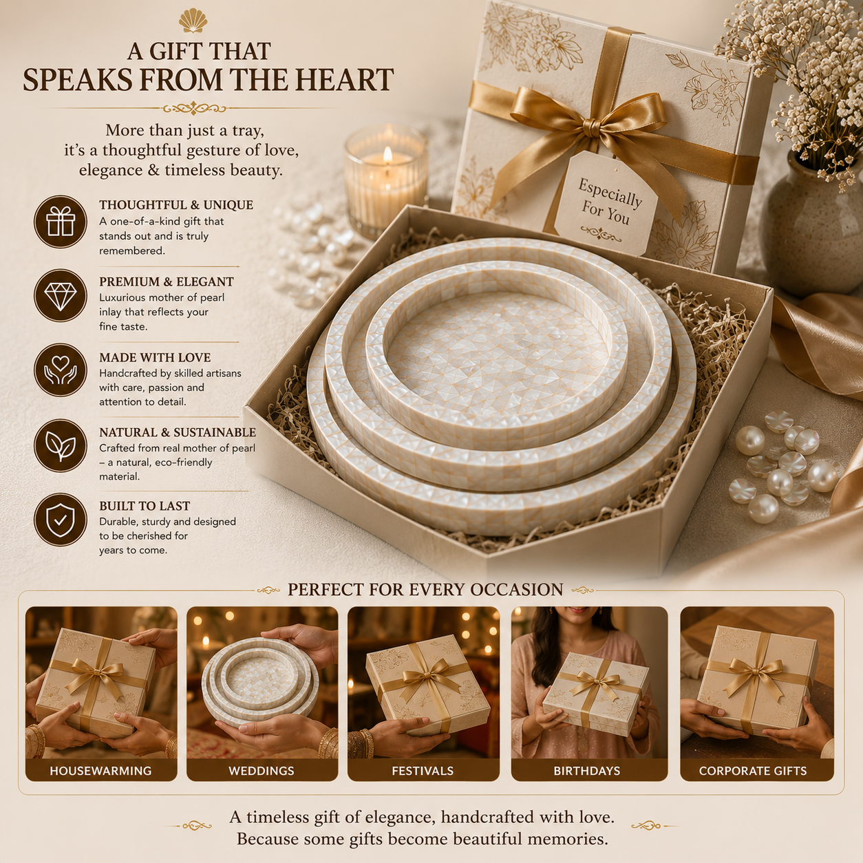 Mother of Pearl Tray Set | Handmade Pearl Shell Decorative Serving Trays | 3 Sizes – 8, 10 & 12 Inch