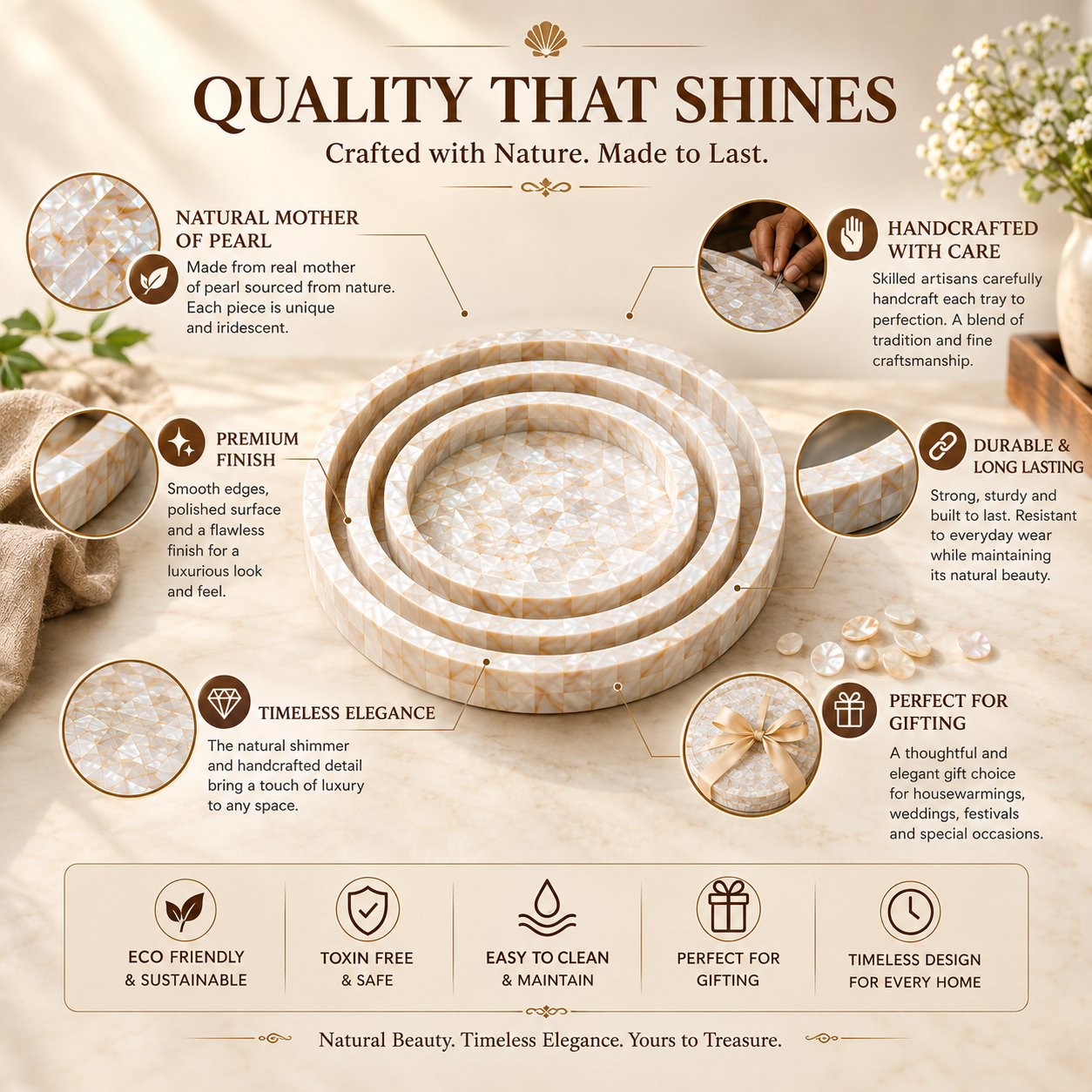 Mother of Pearl Tray Set | Handmade Pearl Shell Decorative Serving Trays | 3 Sizes – 8, 10 & 12 Inch