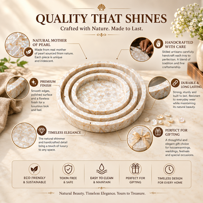 Mother of Pearl Tray Set | Handmade Pearl Shell Decorative Serving Trays | 3 Sizes – 8, 10 & 12 Inch