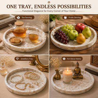 Mother of Pearl Tray Set | Handmade Pearl Shell Decorative Serving Trays | 3 Sizes – 8, 10 & 12 Inch
