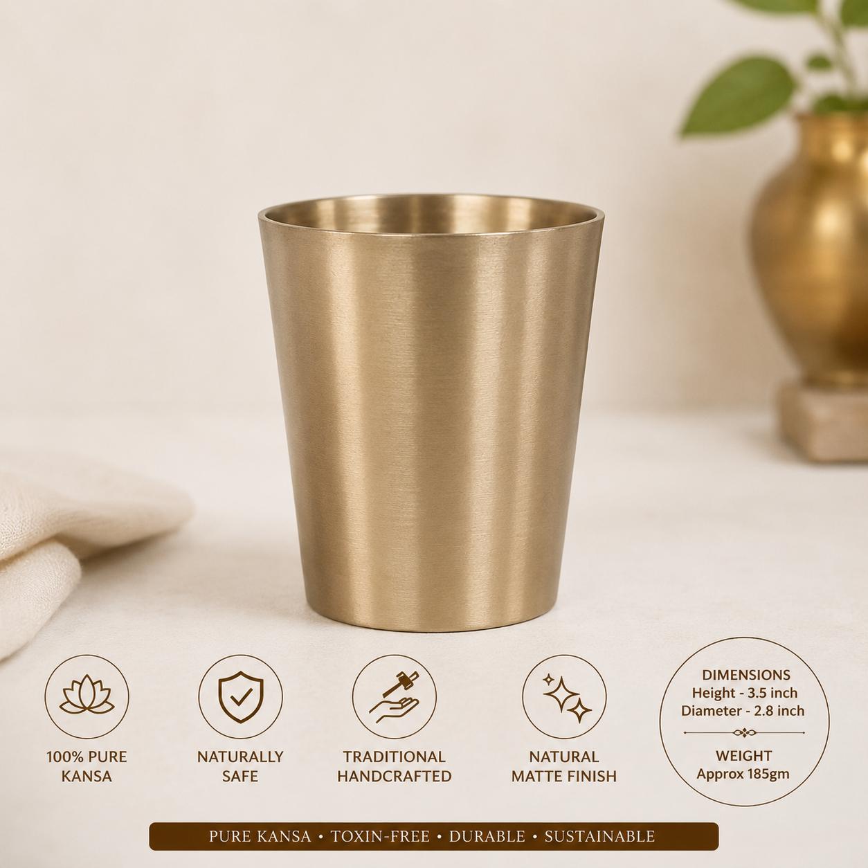 Pure Kansa Glasses Set | Traditional Handmade Kansa Drinking Glasses | Bronze Metal Tumbler for Water & Beverages | Traditional Indian Drinkware