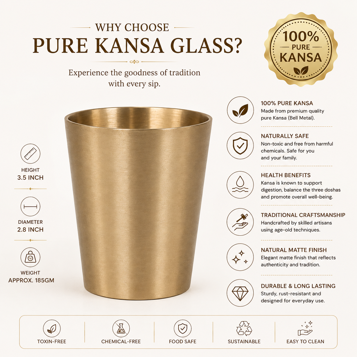Pure Kansa Glasses Set | Traditional Handmade Kansa Drinking Glasses | Bronze Metal Tumbler for Water & Beverages | Traditional Indian Drinkware