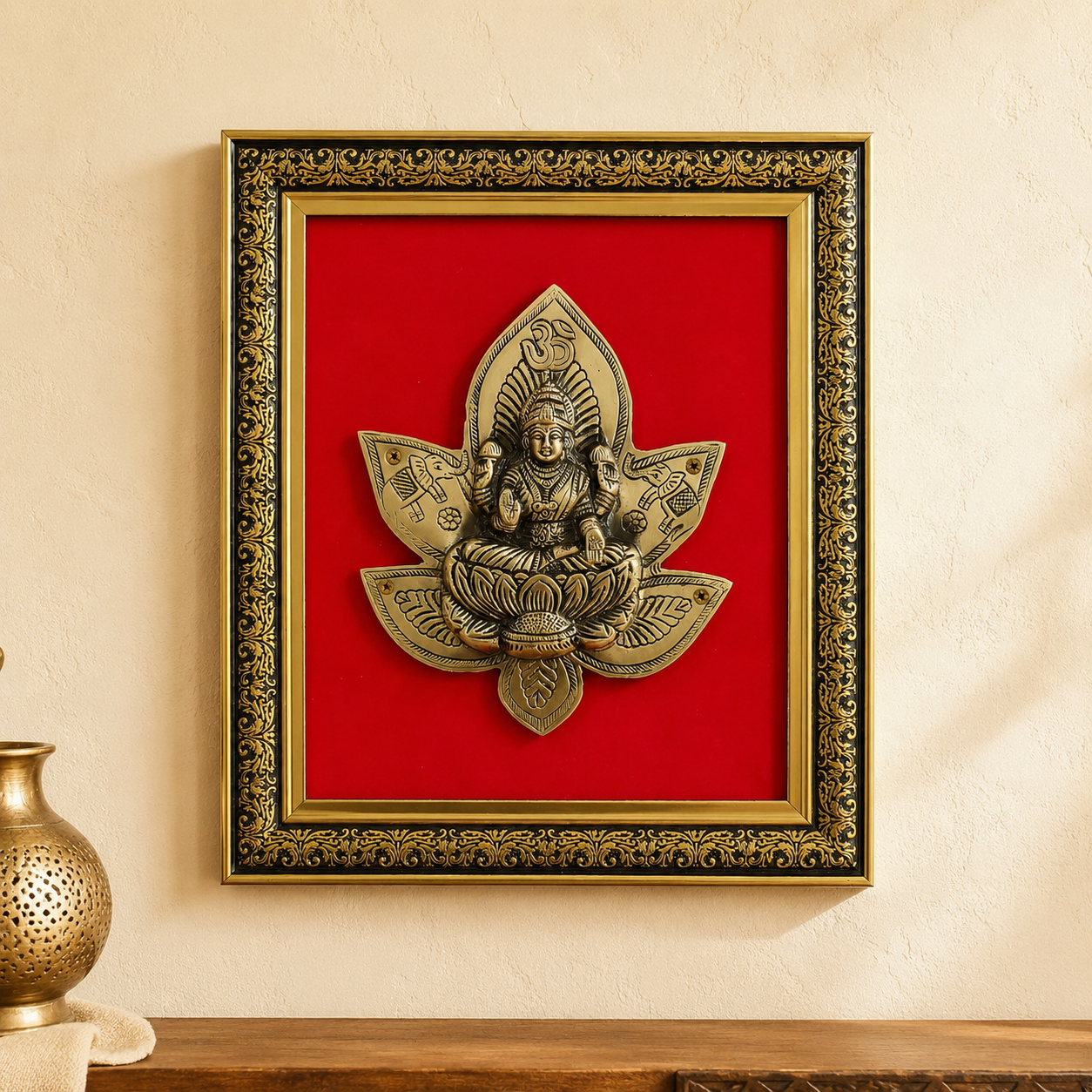 Antique Pure Brass Lakshmi Wall Frame with Red Velvet| The Indian Aura