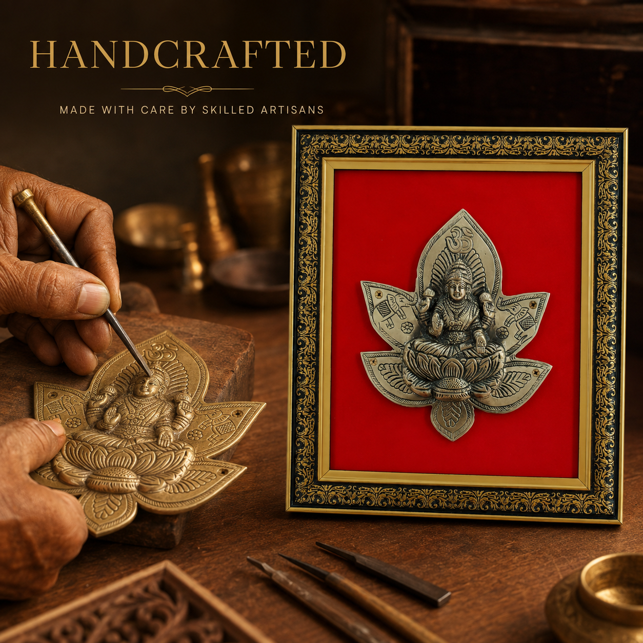 Antique Pure Brass Lakshmi Wall Frame with Red Velvet| The Indian Aura