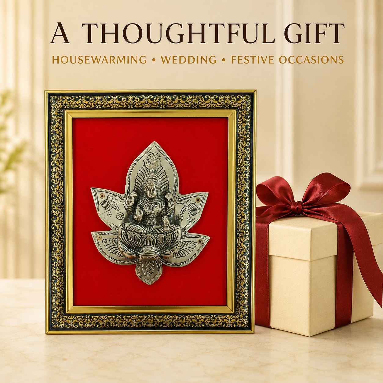 Antique Pure Brass Lakshmi Wall Frame with Red Velvet| The Indian Aura