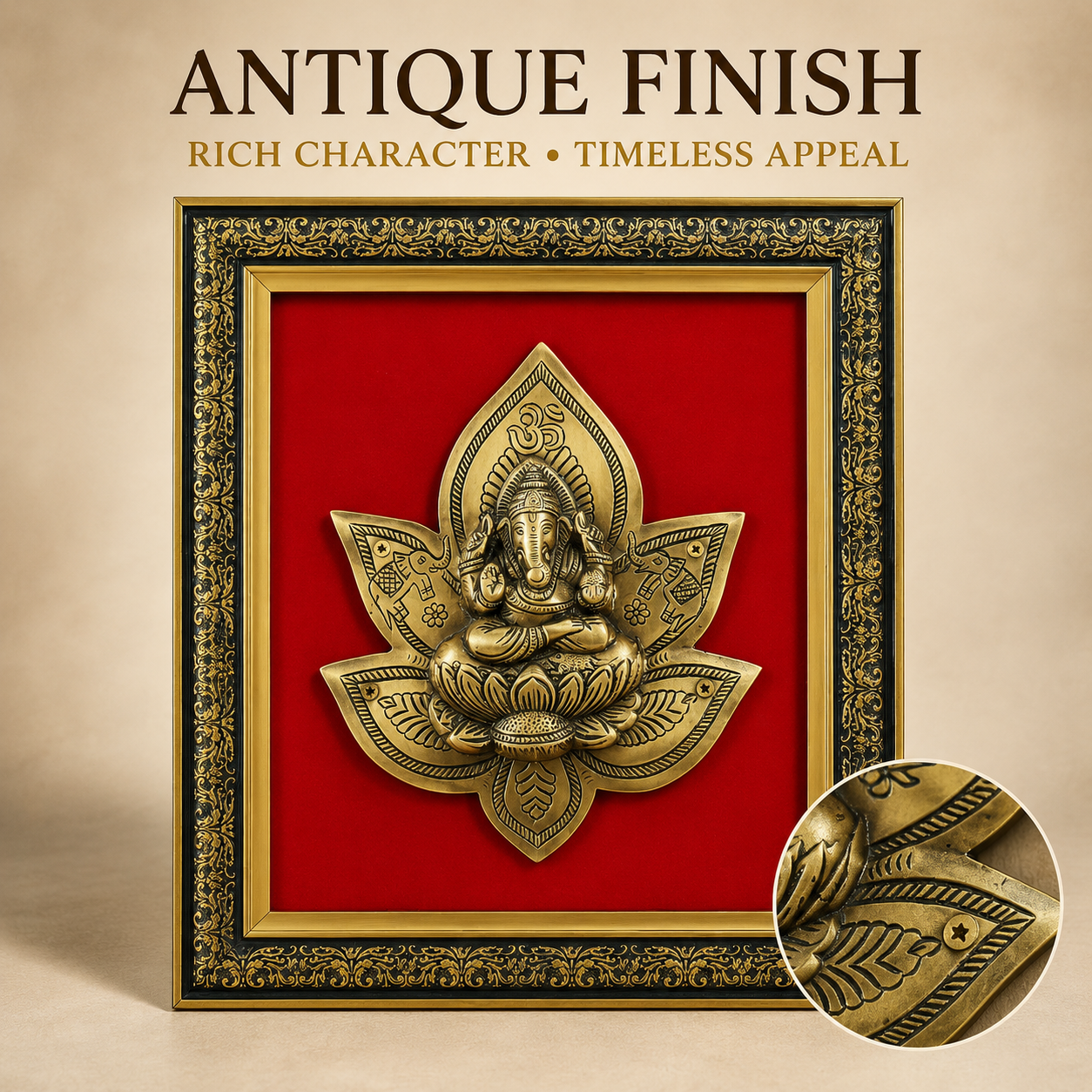 Antique Pure Brass Ganesha Wall Frame with Red Velvet | The Indian Aura
