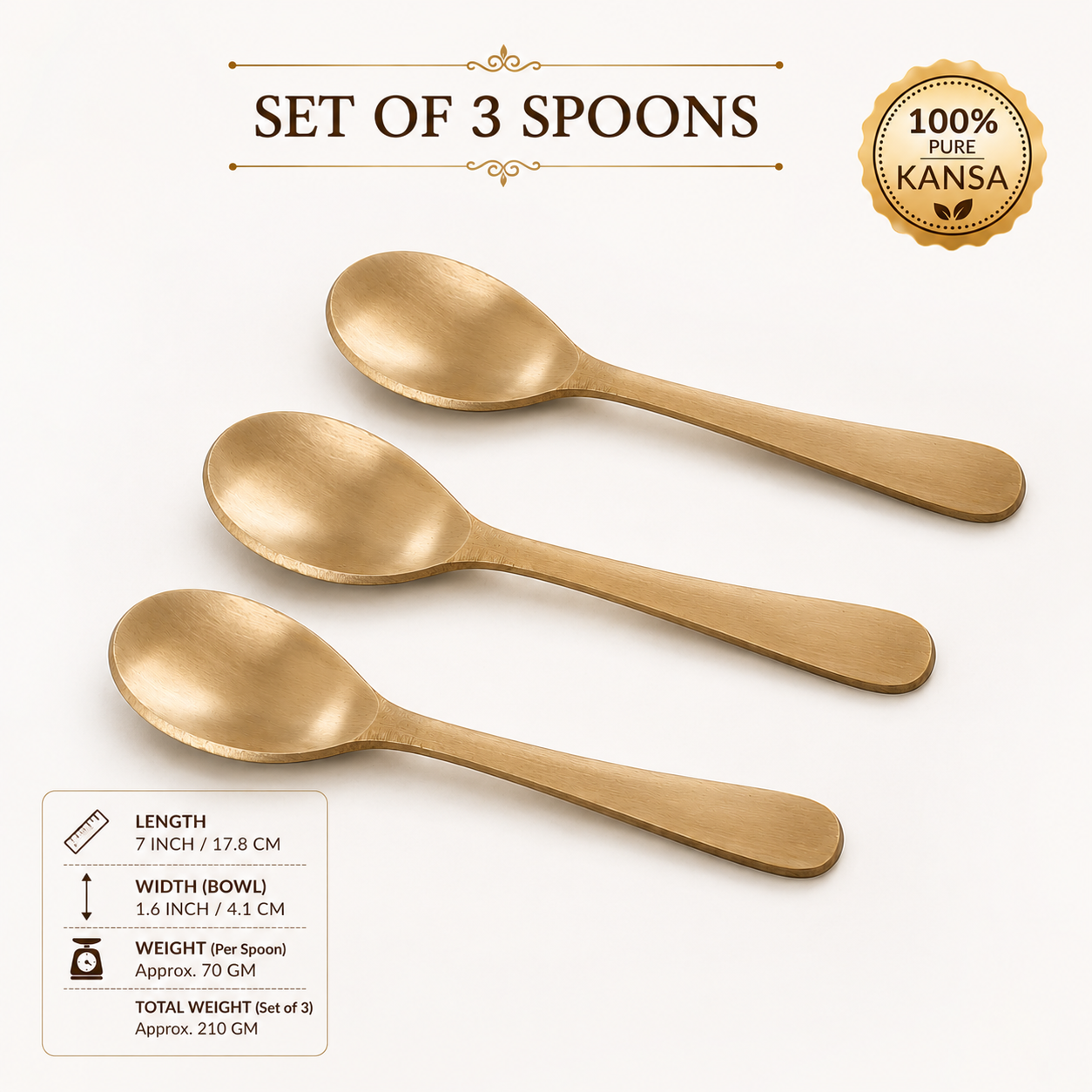 Handmade 100% Pure Kansa Spoon Set of 3, 6, and 12 | Natural Matte Finish | Traditional Bronze Dining Spoon