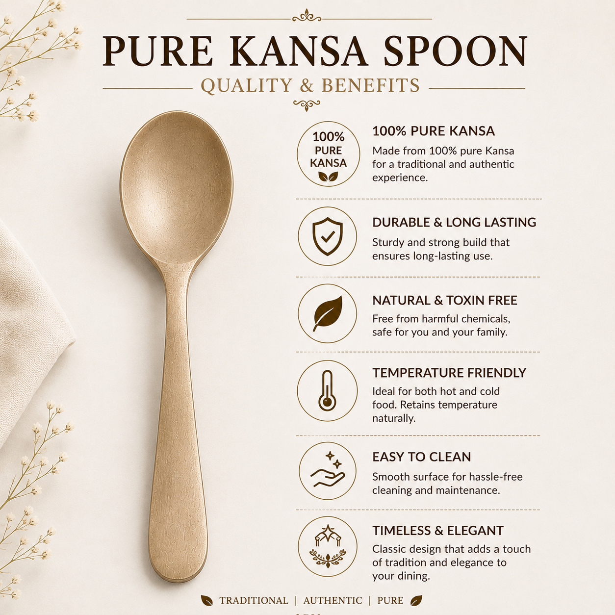 Handmade 100% Pure Kansa Spoon Set of 3, 6, and 12 | Natural Matte Finish | Traditional Bronze Dining Spoon