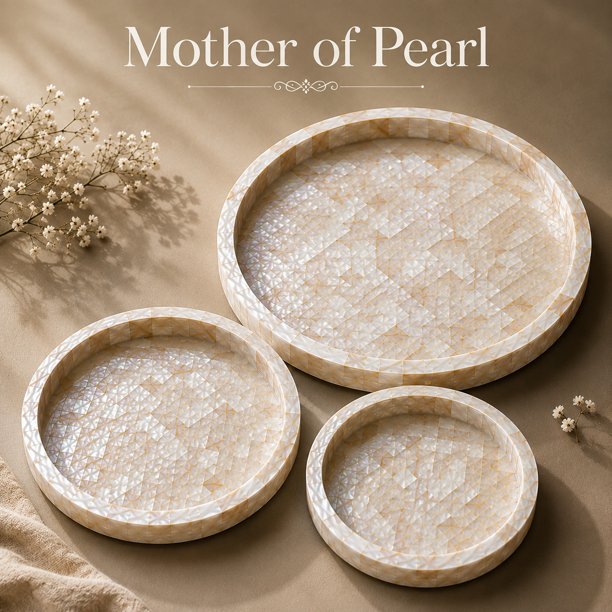 Mother of Pearl Tray Set | Handmade Pearl Shell Decorative Serving Trays | 3 Sizes – 8, 10 & 12 Inch