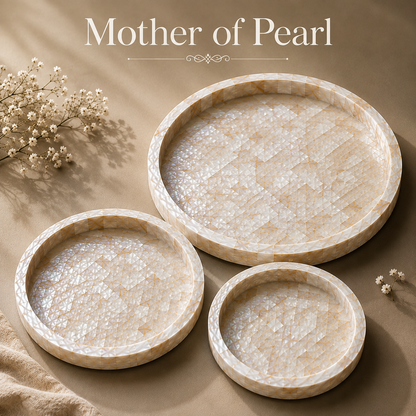 Mother of Pearl Tray Set | Handmade Pearl Shell Decorative Serving Trays | 3 Sizes – 8, 10 & 12 Inch