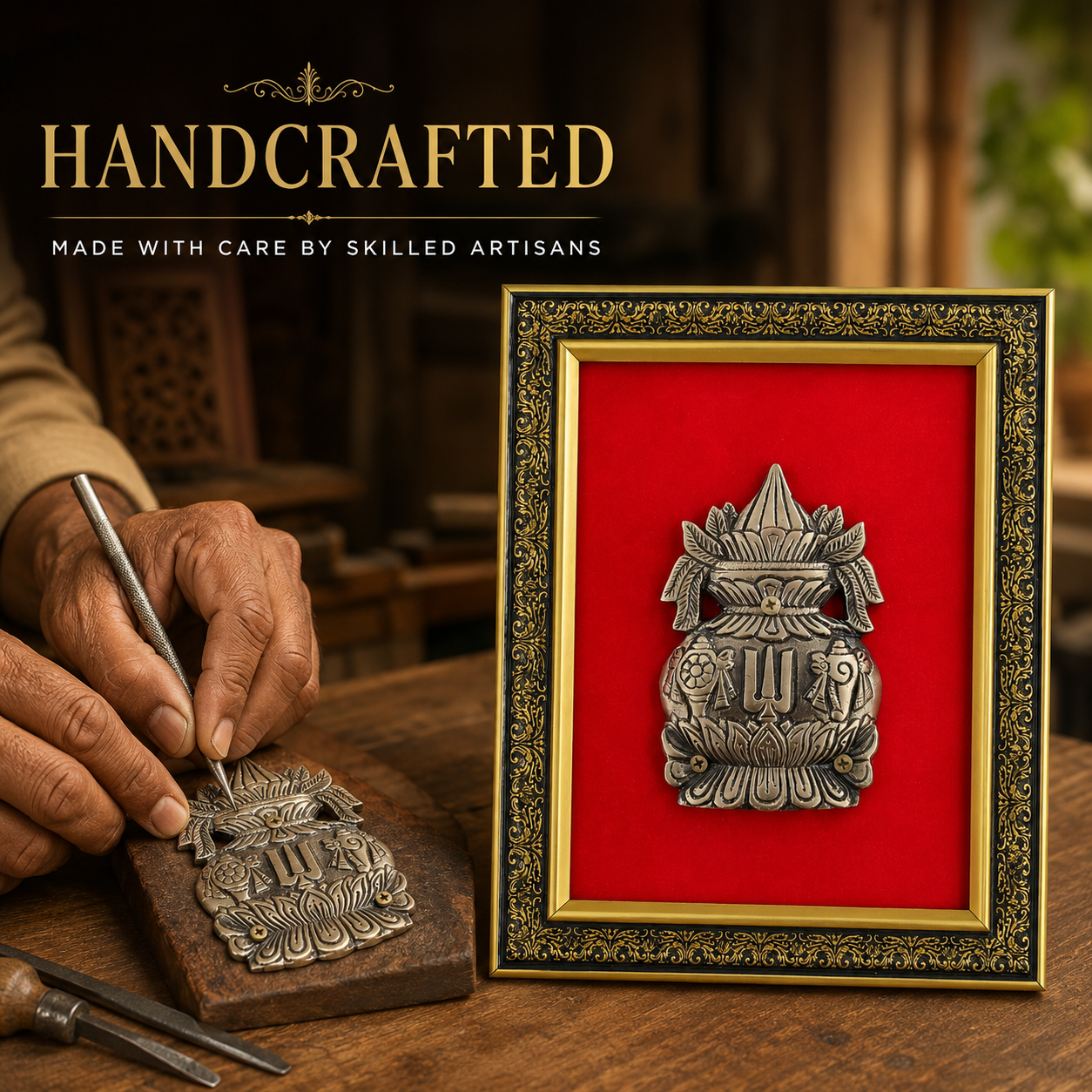 Antique Pure Brass Kalash Vaishnav Tilak Wall Frame | The Indian Aura
