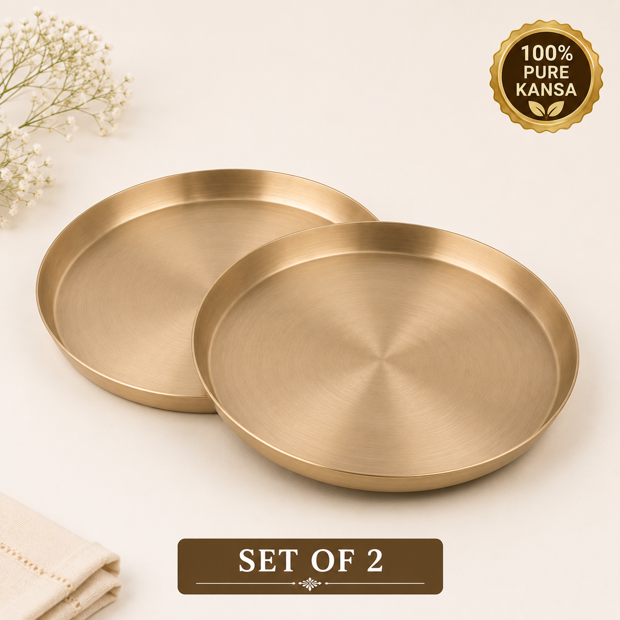 Pure Kansa Thali Matte Finish | Traditional Indian Dinner Plate | 10.5 Inch | Single & Pair