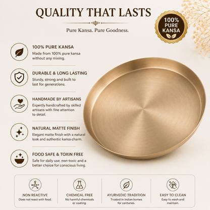 Pure Kansa Thali Matte Finish | Traditional Indian Dinner Plate | 10.5 Inch | Single & Pair