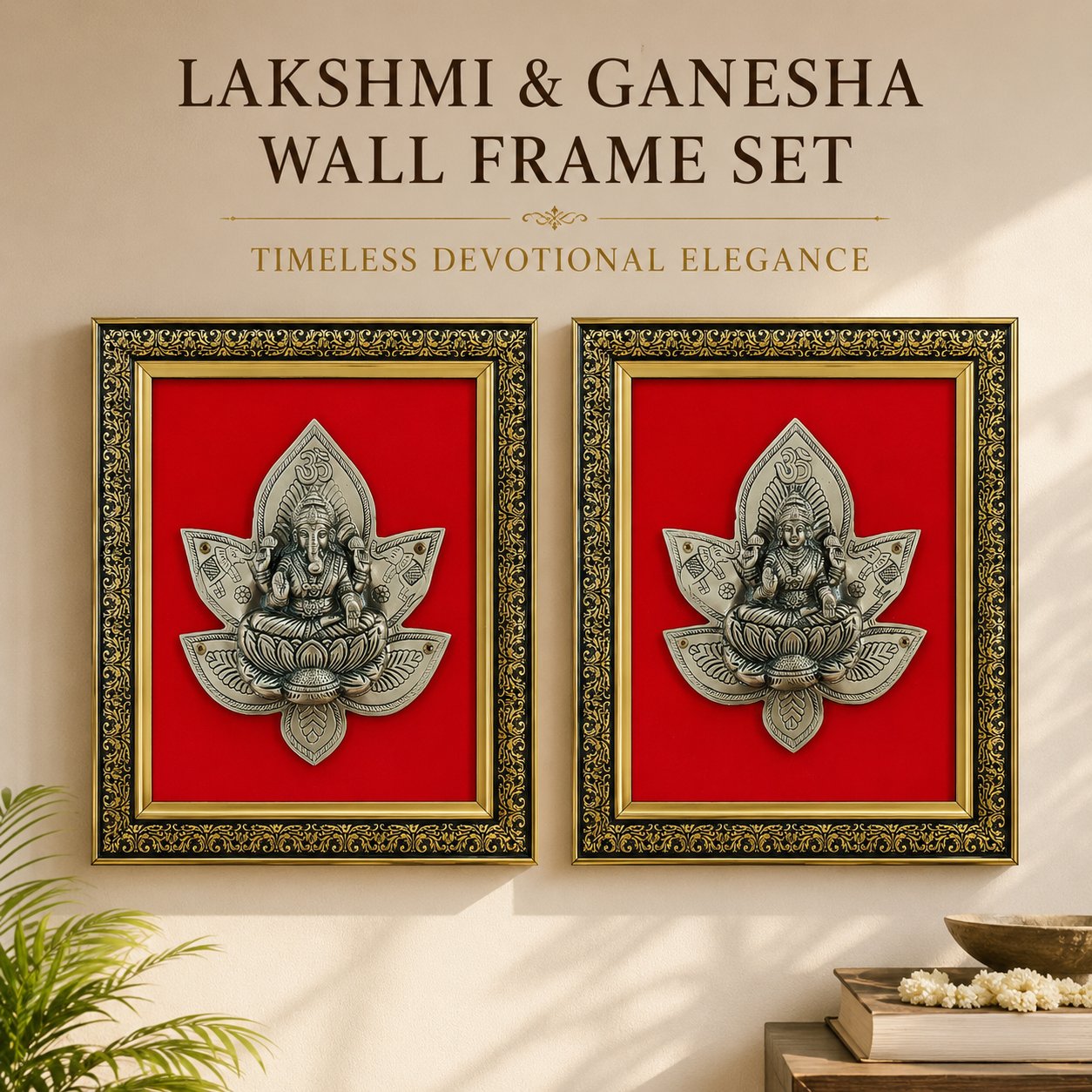 Antique Pure Brass Lakshmi Ganesha Wall Frame Set of 2  | The Indian Aura