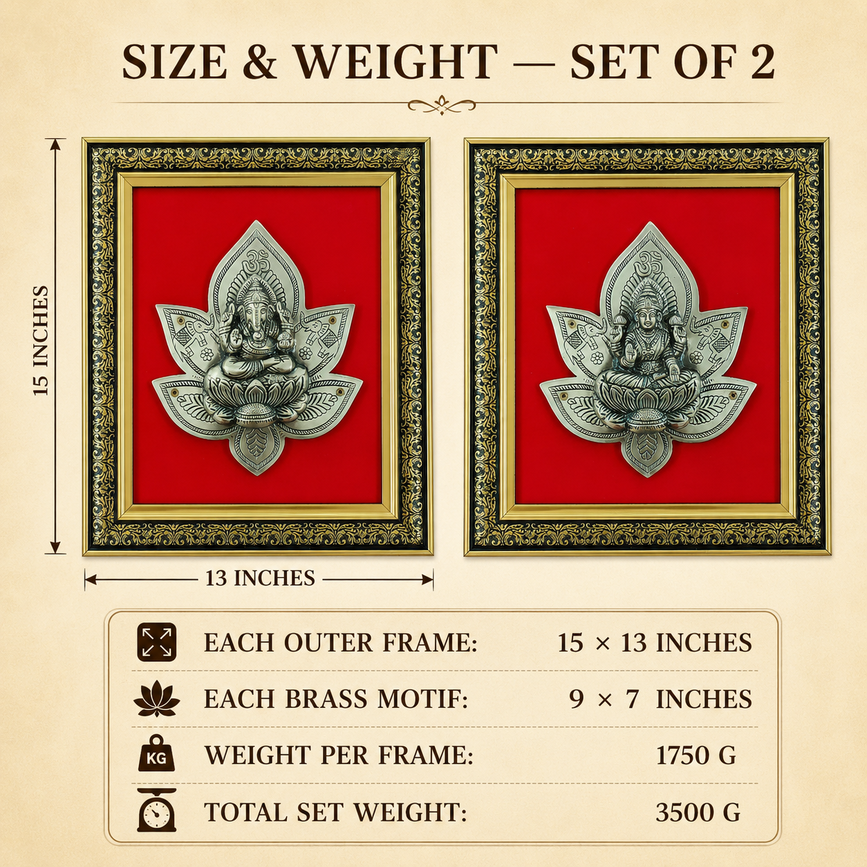 Antique Pure Brass Lakshmi Ganesha Wall Frame Set of 2  | The Indian Aura