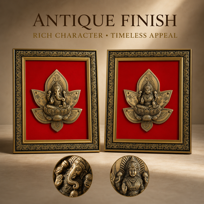 Antique Pure Brass Lakshmi Ganesha Wall Frame Set of 2  | The Indian Aura