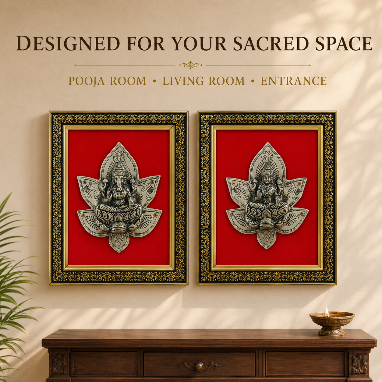 Antique Pure Brass Lakshmi Ganesha Wall Frame Set of 2  | The Indian Aura