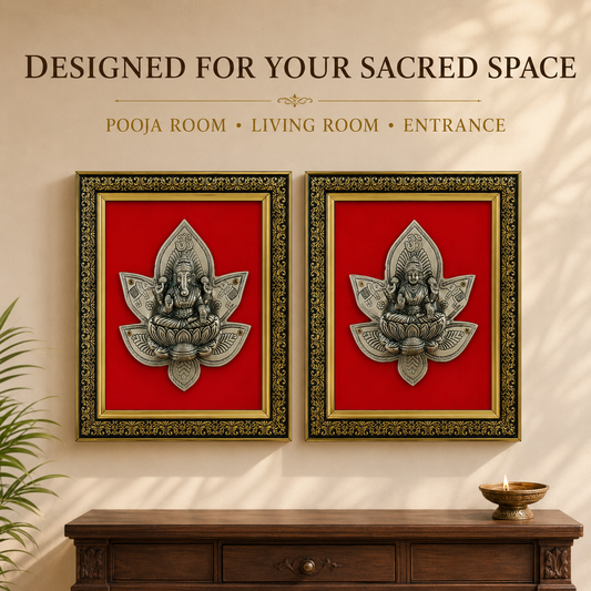 Antique Pure Brass Lakshmi Ganesha Wall Frame Set of 2  | The Indian Aura
