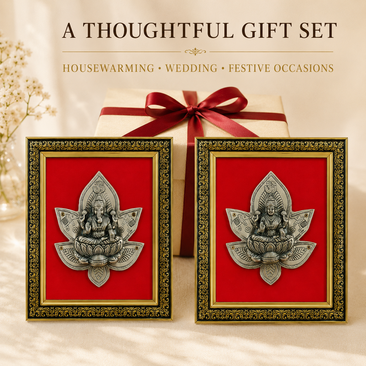 Antique Pure Brass Lakshmi Ganesha Wall Frame Set of 2  | The Indian Aura
