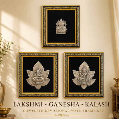 Pure Brass Lakshmi Ganesha Kalash Wall Frame Set of 3 – Antique Finish  | The Indian Aura