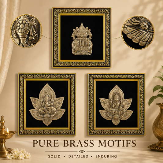 Pure Brass Lakshmi Ganesha Kalash Wall Frame Set of 3 – Antique Finish  | The Indian Aura