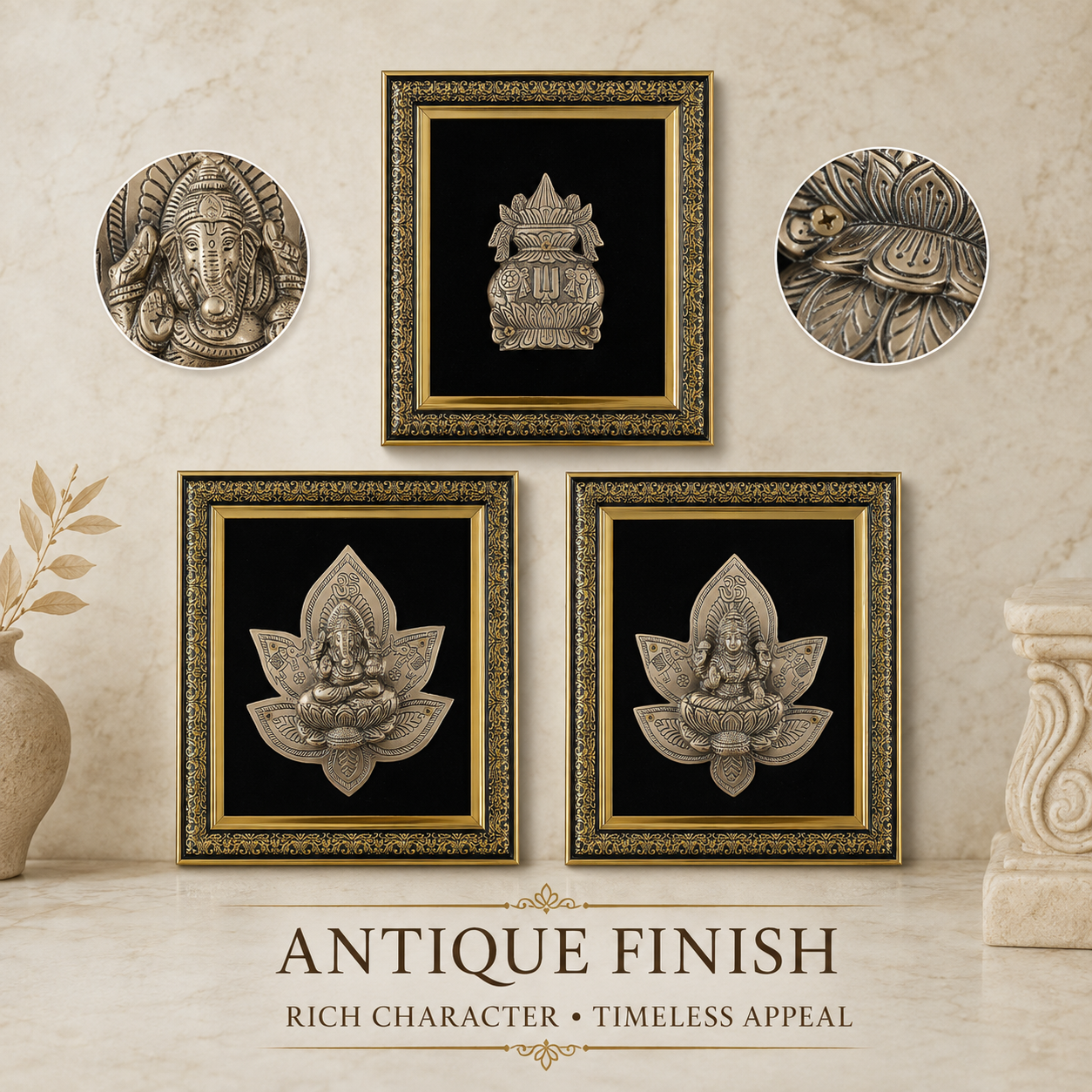 Pure Brass Lakshmi Ganesha Kalash Wall Frame Set of 3 – Antique Finish  | The Indian Aura