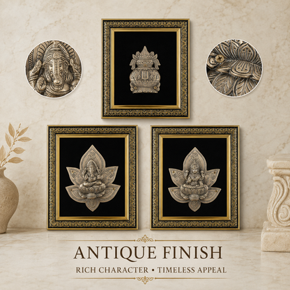 Pure Brass Lakshmi Ganesha Kalash Wall Frame Set of 3 – Antique Finish  | The Indian Aura