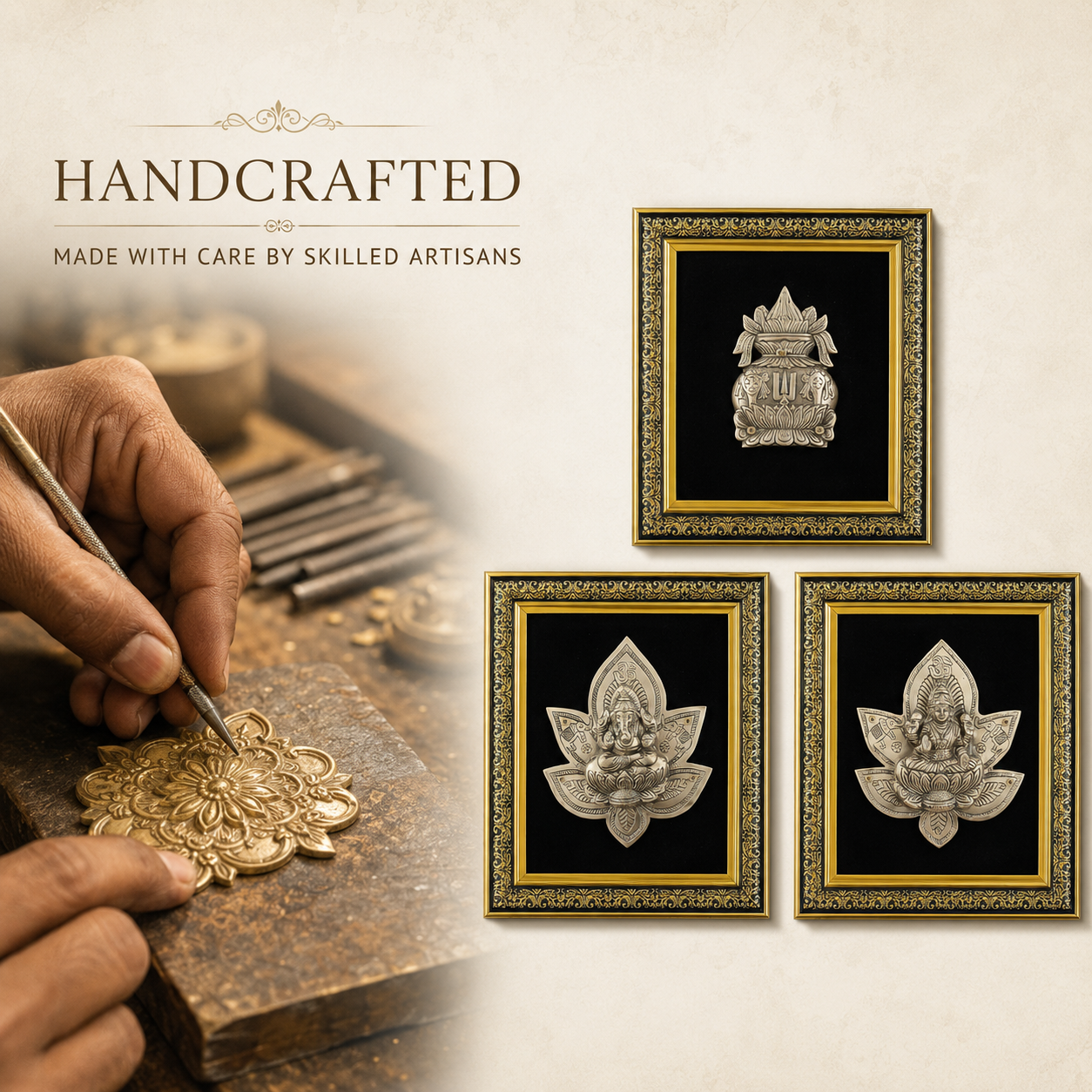 Pure Brass Lakshmi Ganesha Kalash Wall Frame Set of 3 – Antique Finish  | The Indian Aura
