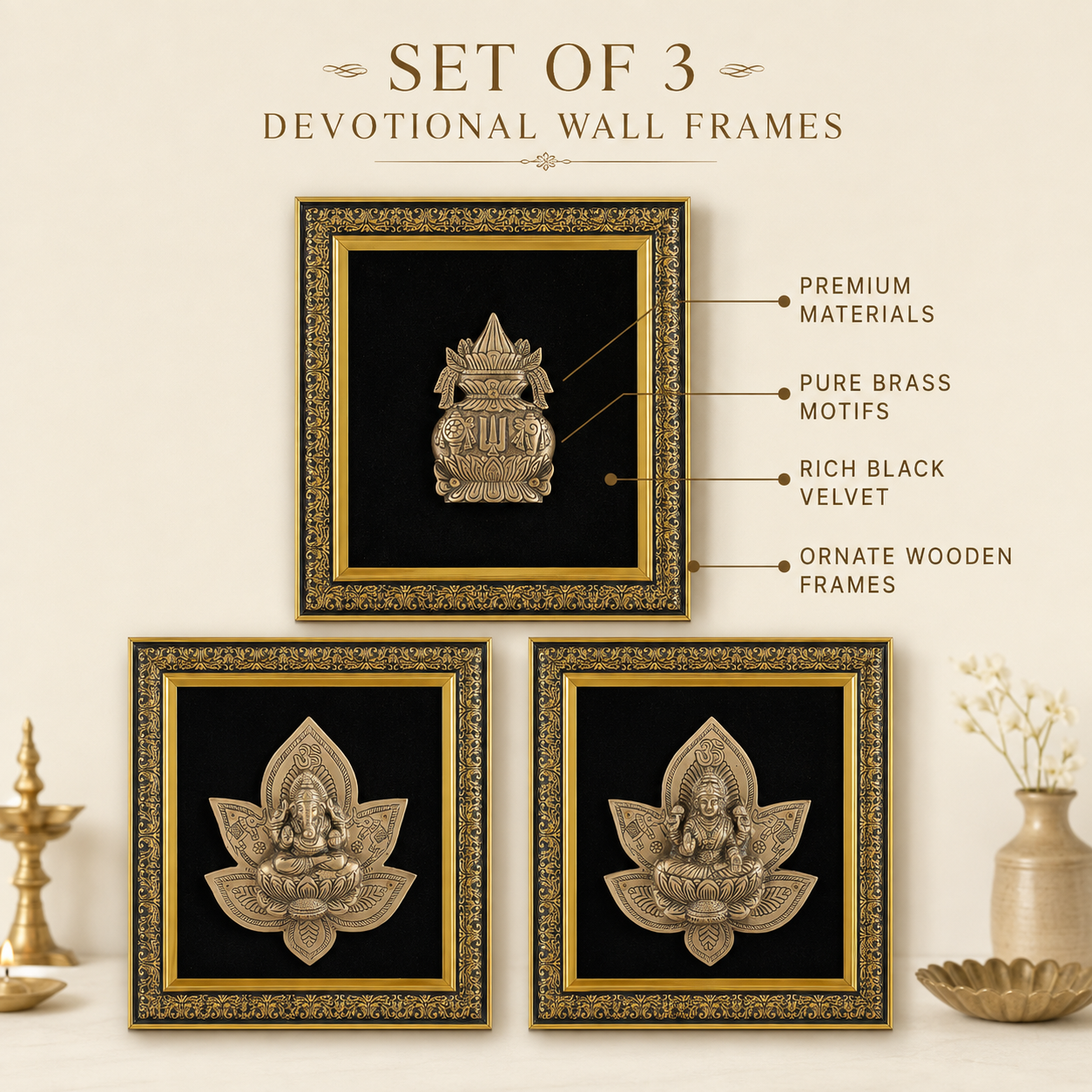 Pure Brass Lakshmi Ganesha Kalash Wall Frame Set of 3 – Antique Finish  | The Indian Aura