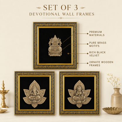 Pure Brass Lakshmi Ganesha Kalash Wall Frame Set of 3 – Antique Finish  | The Indian Aura