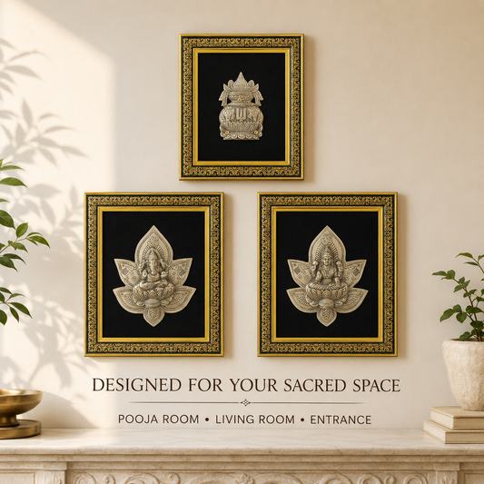Pure Brass Lakshmi Ganesha Kalash Wall Frame Set of 3 – Antique Finish  | The Indian Aura