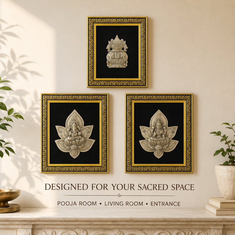 Pure Brass Lakshmi Ganesha Kalash Wall Frame Set of 3 – Antique Finish  | The Indian Aura