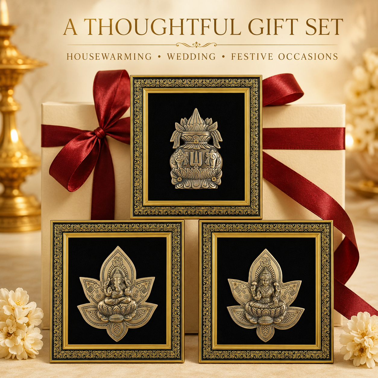 Pure Brass Lakshmi Ganesha Kalash Wall Frame Set of 3 – Antique Finish  | The Indian Aura