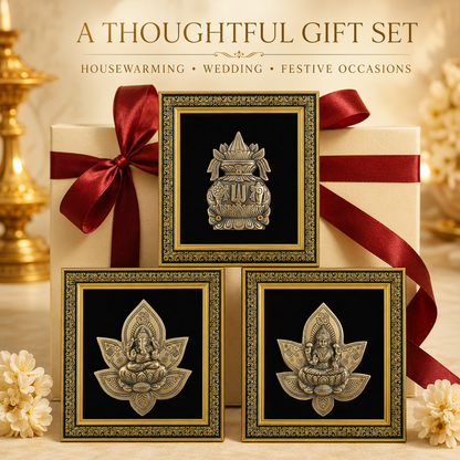 Pure Brass Lakshmi Ganesha Kalash Wall Frame Set of 3 – Antique Finish  | The Indian Aura