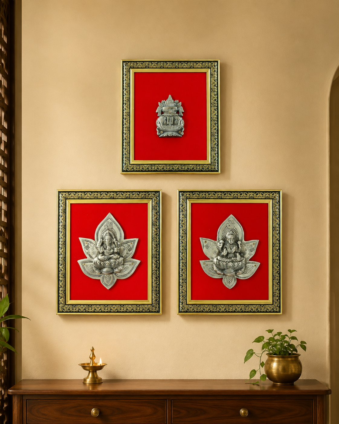 Pure Brass Ganesha Lakshmi Kalash Decorative Wall Frame Set of 3 – Antique Finish | The Indian Aura