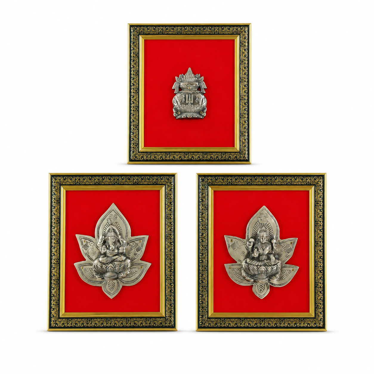 Pure Brass Ganesha Lakshmi Kalash Decorative Wall Frame Set of 3 – Antique Finish | The Indian Aura