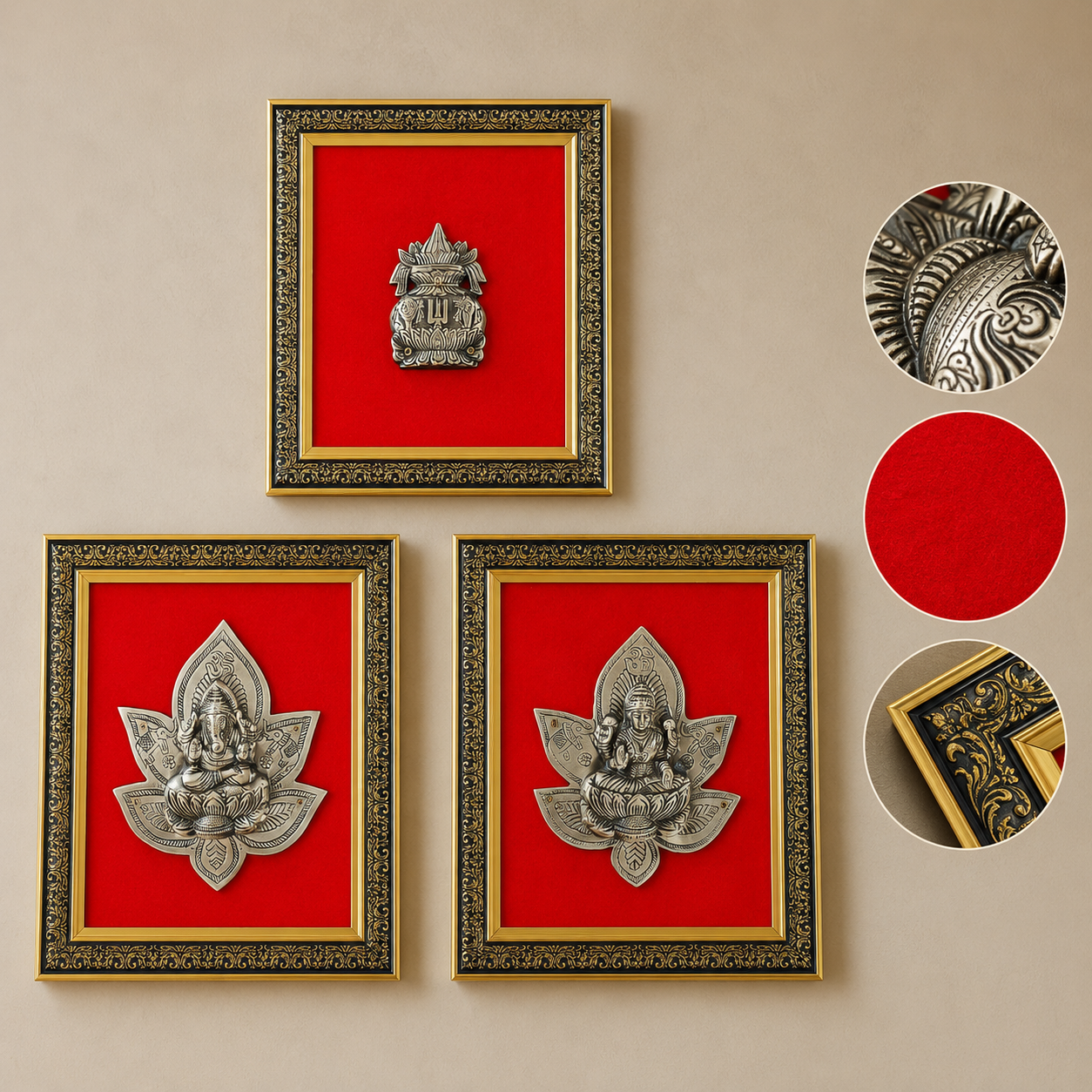 Pure Brass Ganesha Lakshmi Kalash Decorative Wall Frame Set of 3 – Antique Finish | The Indian Aura