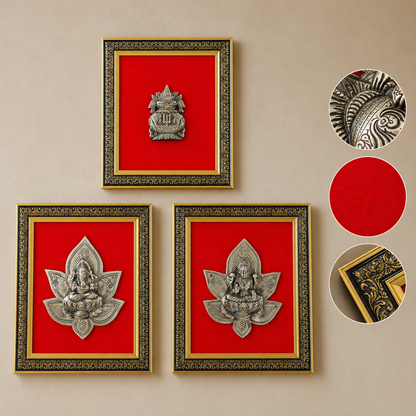 Pure Brass Ganesha Lakshmi Kalash Decorative Wall Frame Set of 3 – Antique Finish | The Indian Aura