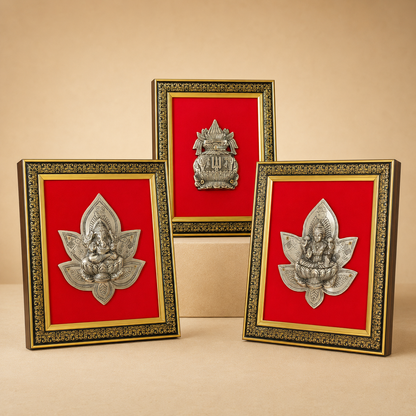 Pure Brass Ganesha Lakshmi Kalash Decorative Wall Frame Set of 3 – Antique Finish | The Indian Aura