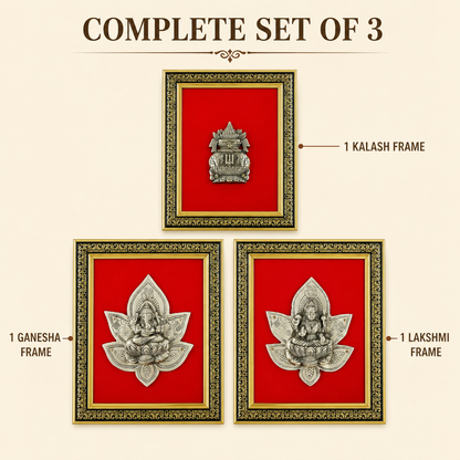 Pure Brass Ganesha Lakshmi Kalash Decorative Wall Frame Set of 3 – Antique Finish | The Indian Aura