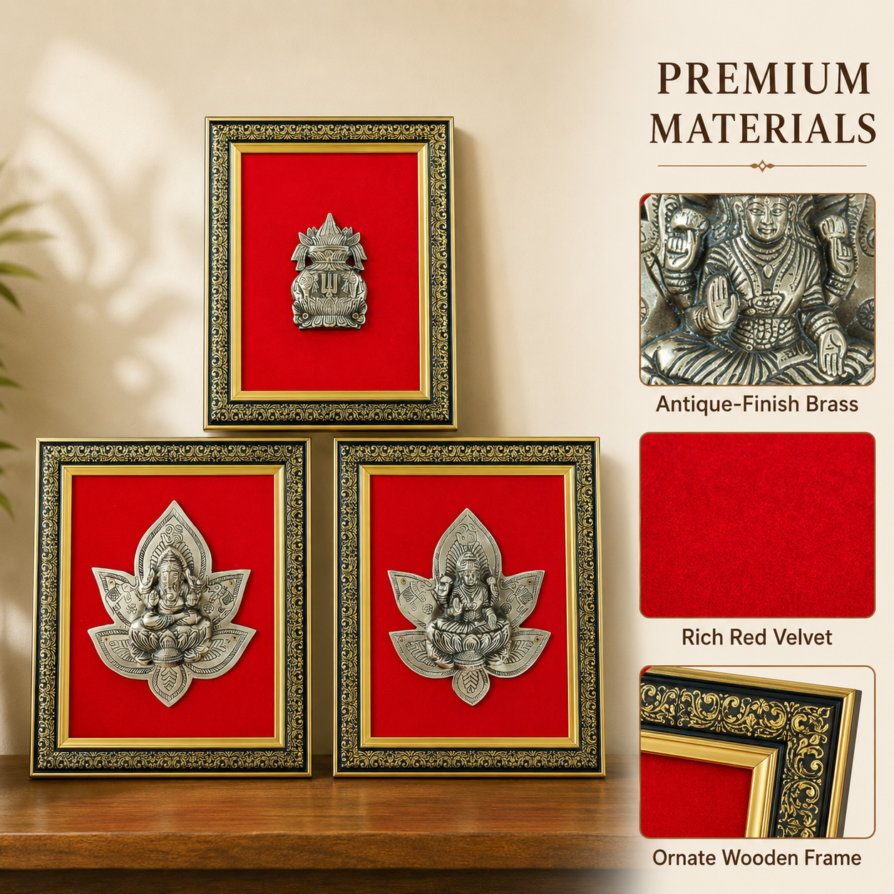 Pure Brass Ganesha Lakshmi Kalash Decorative Wall Frame Set of 3 – Antique Finish | The Indian Aura