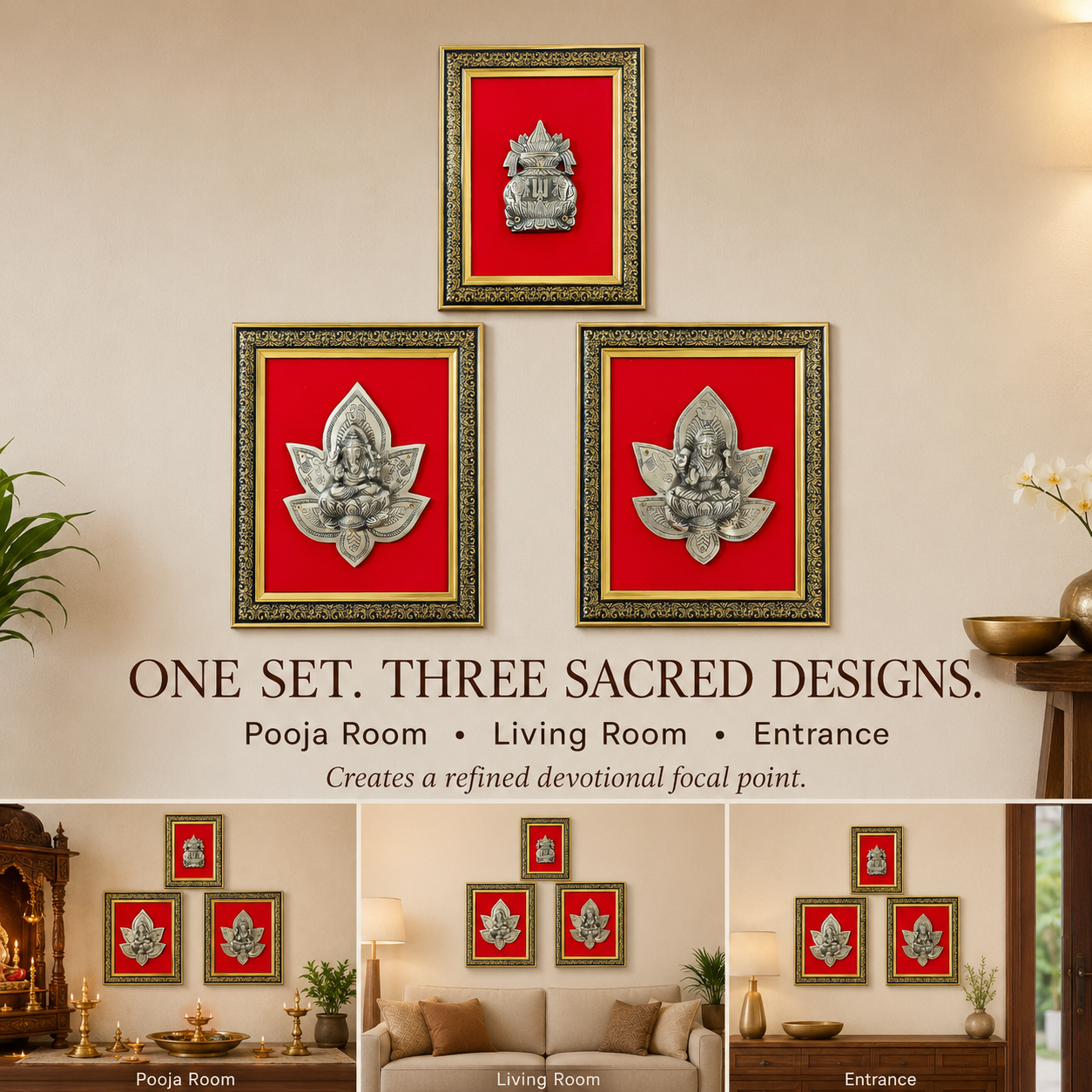 Pure Brass Ganesha Lakshmi Kalash Decorative Wall Frame Set of 3 – Antique Finish | The Indian Aura