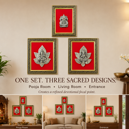 Pure Brass Ganesha Lakshmi Kalash Decorative Wall Frame Set of 3 – Antique Finish | The Indian Aura