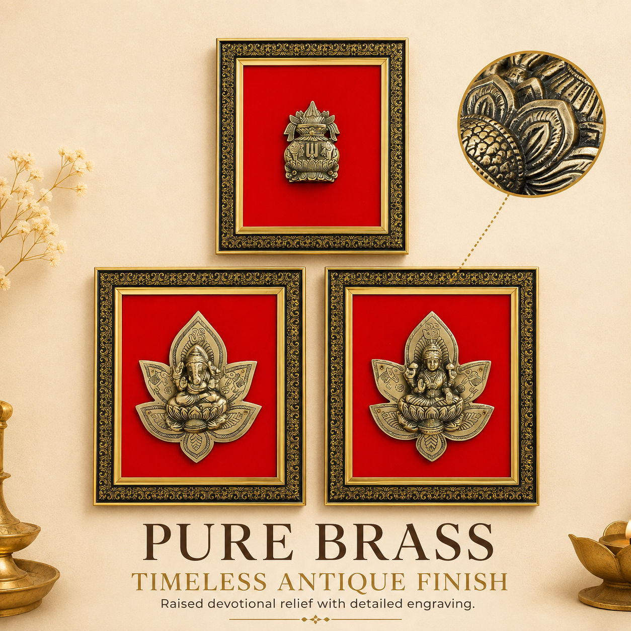 Pure Brass Ganesha Lakshmi Kalash Decorative Wall Frame Set of 3 – Antique Finish | The Indian Aura