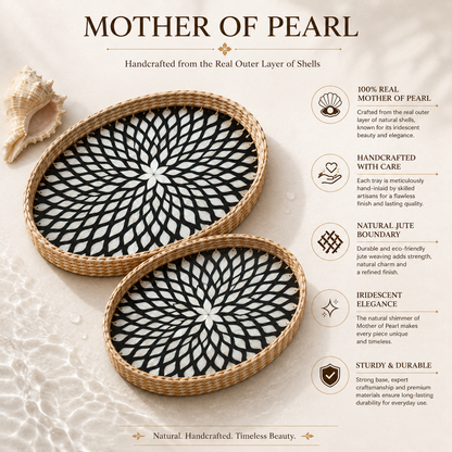 Handcrafted Mother of Pearl Oval Tray Set of 2 with Natural Jute Border – Decorative, Serving & Gifting Trays