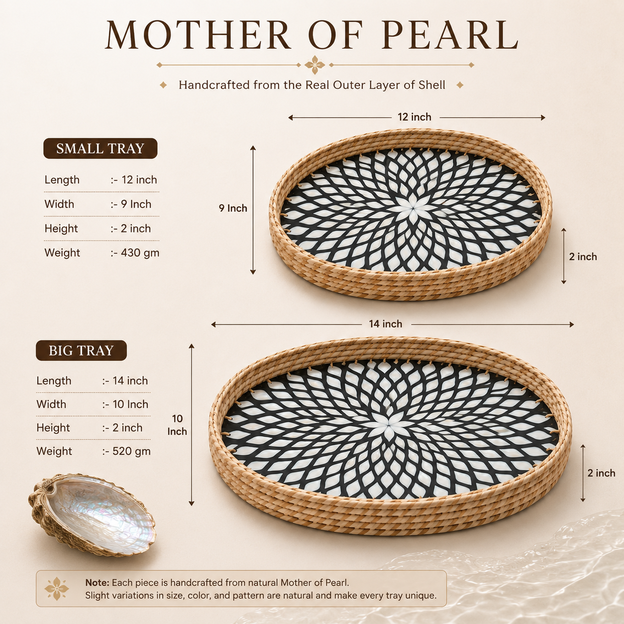 Handcrafted Mother of Pearl Oval Tray Set of 2 with Natural Jute Border – Decorative, Serving & Gifting Trays