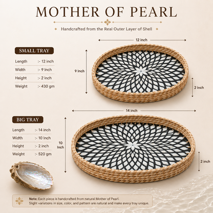 Handcrafted Mother of Pearl Oval Tray Set of 2 with Natural Jute Border – Decorative, Serving & Gifting Trays