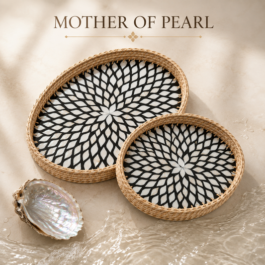 Handcrafted Mother of Pearl Oval Tray Set of 2 with Natural Jute Border – Decorative, Serving & Gifting Trays